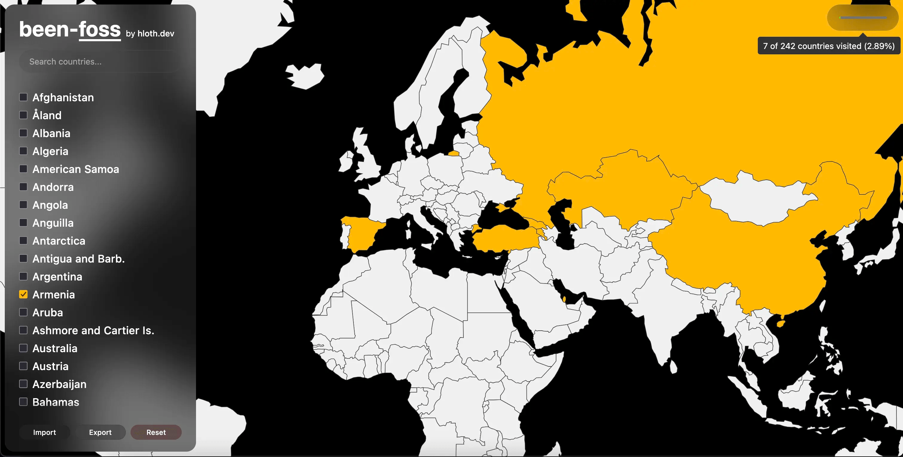 been-foss website main page screenshot with a world map