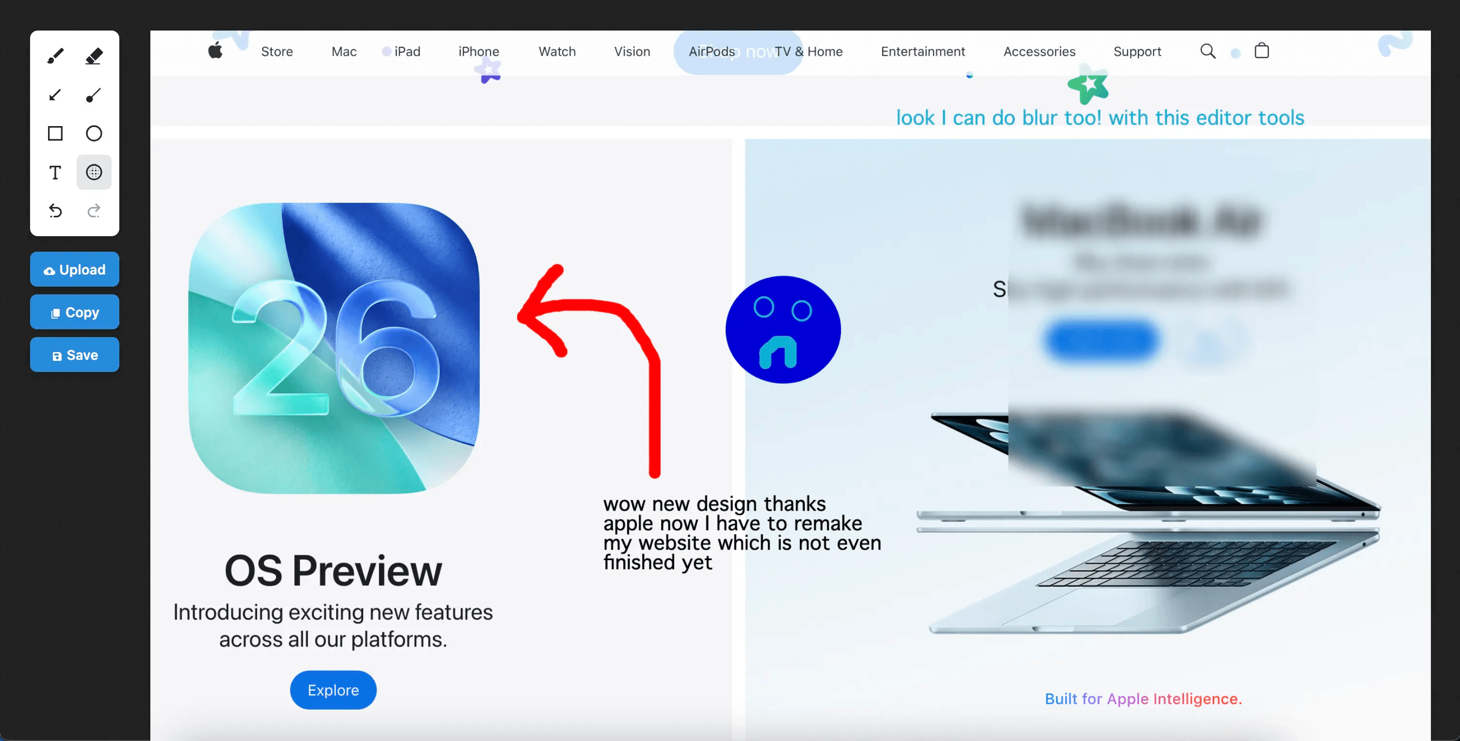 Lufin screenshotter image editor with text: wow new design thanks apple now I have to remake my website which is not even finished yet / look I can do blur too! with this editor tools