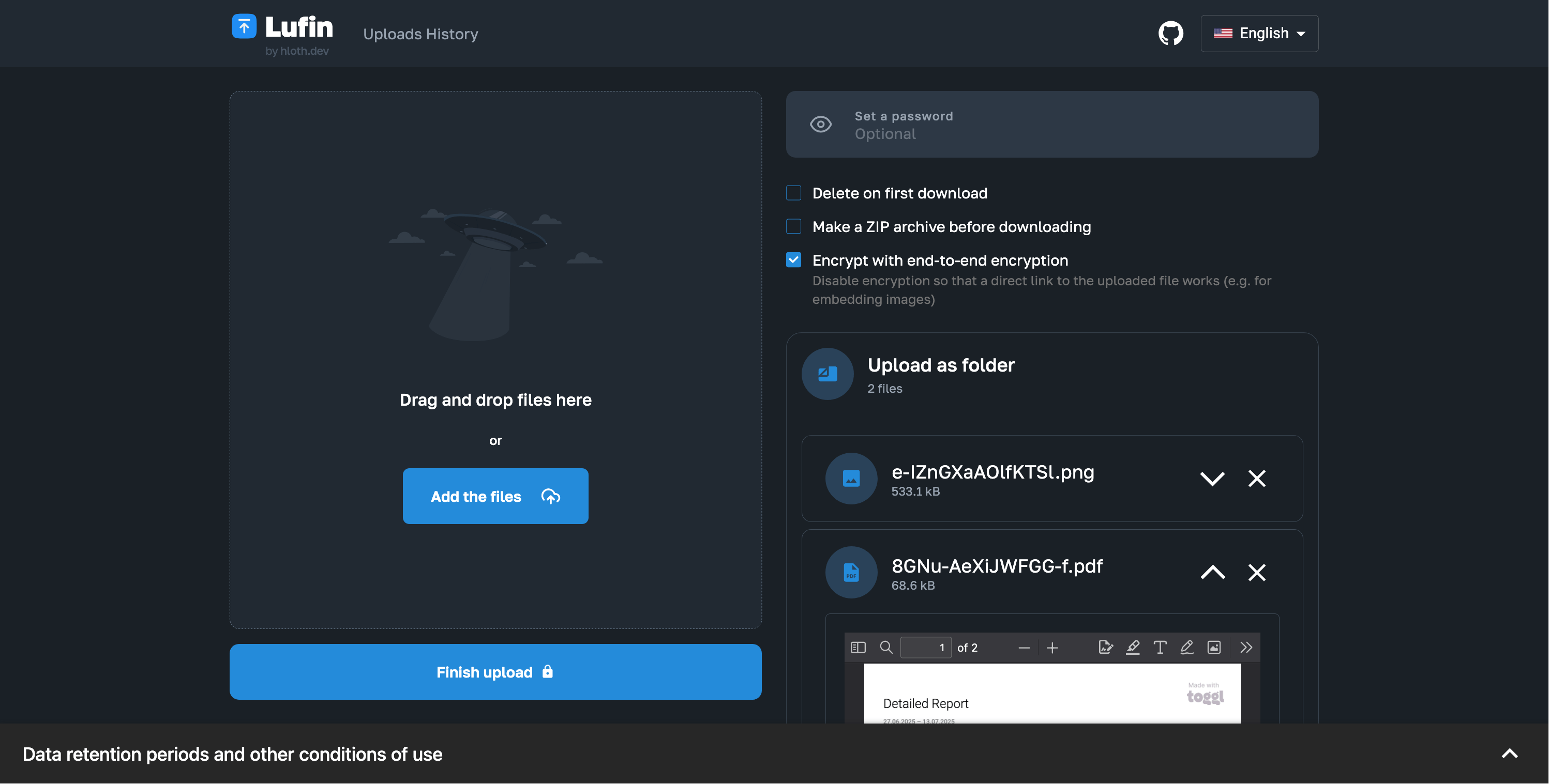 Lufin frontend screenshot with text: Drag and drop files here or [Add the files] button / Finish upload / Set a password / [Checkbox] Delete on first download / [Checkbox] Make a zip archive before downloading / [Checkbox] Encrypt with end-to-end encryption (Disable encryption so that a direct link to the uploaded file works (e.g. for embedding images)) / Upload as folder — 2 files / Data retention periods and other conditions of use
