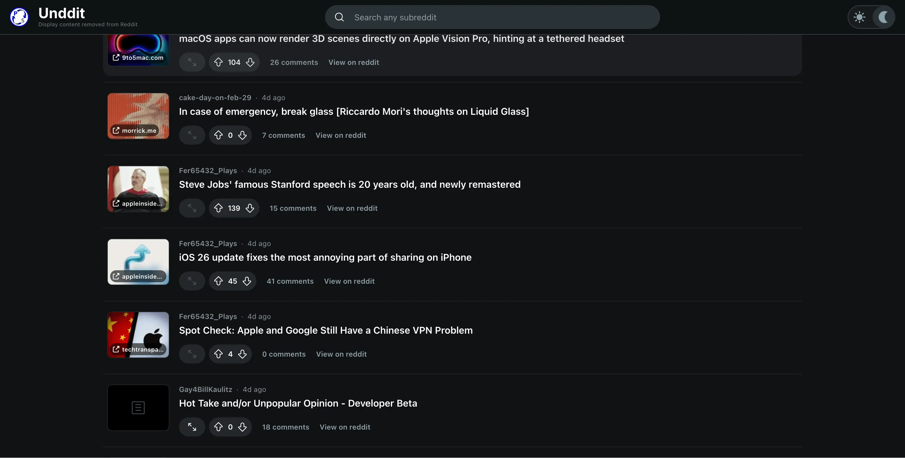 Unddit website screenshot with text Unddit / display content removed from Reddit; Reddit posts in the r/macOS subreddit: macOS apps can now render 3D scenes directly on Apple Vision Pro, hinting at a tethered headset / In case of emergency, break glass [Riccardo Mori's thoughts on Liquid Glass] / Steve Jobs' famous Stanford speech is 20 years old, and newly remastered / iOS 26 update fixes the most annoying part of sharing on iPhone / Spot Check: Apple and Google Still Have a Chinese VPN Problem / Hot Take and/or Unpopular Opinion - Developer Beta