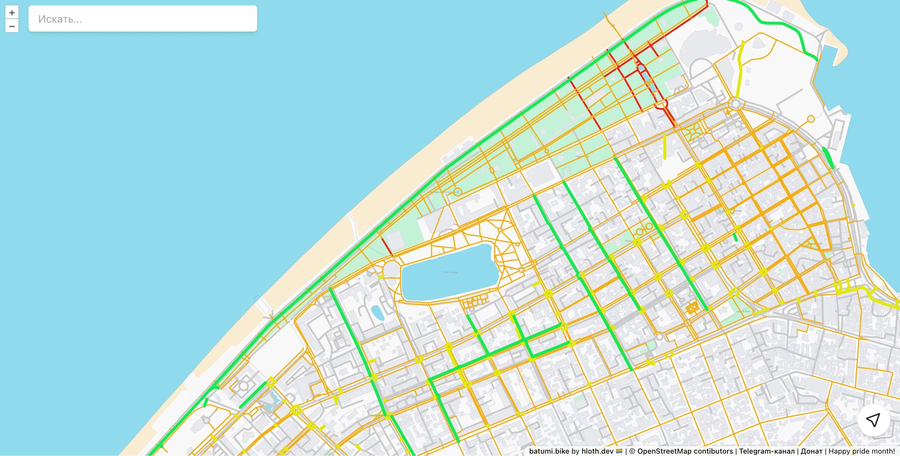 Batumi.bike website screenshot showing the map with green, yellow and red lines representing roads quality in Batumi, Georgia