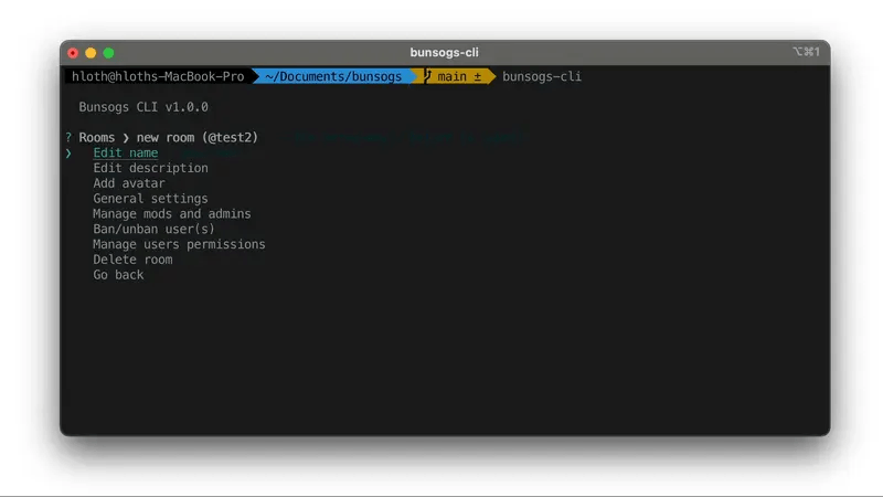 Bunsogs main menu with options: Edit name, Edit description, Add avatar, General settings, Manage mods and admins, Ban/unban user(s), Manage users permissions, Delete room, Go back