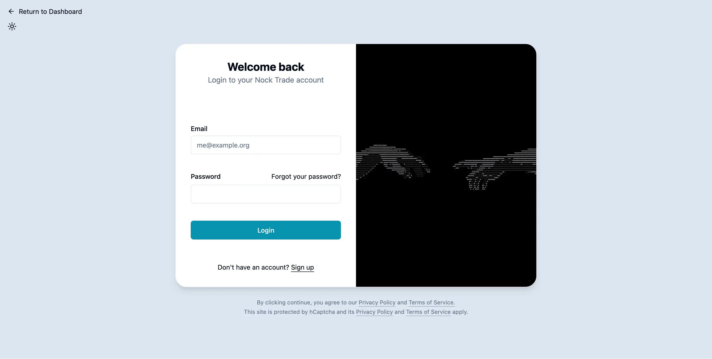 Nock.trade login page screenshot with text: Welcome back / Login to your Nock Trade account; Email / Password / Login
