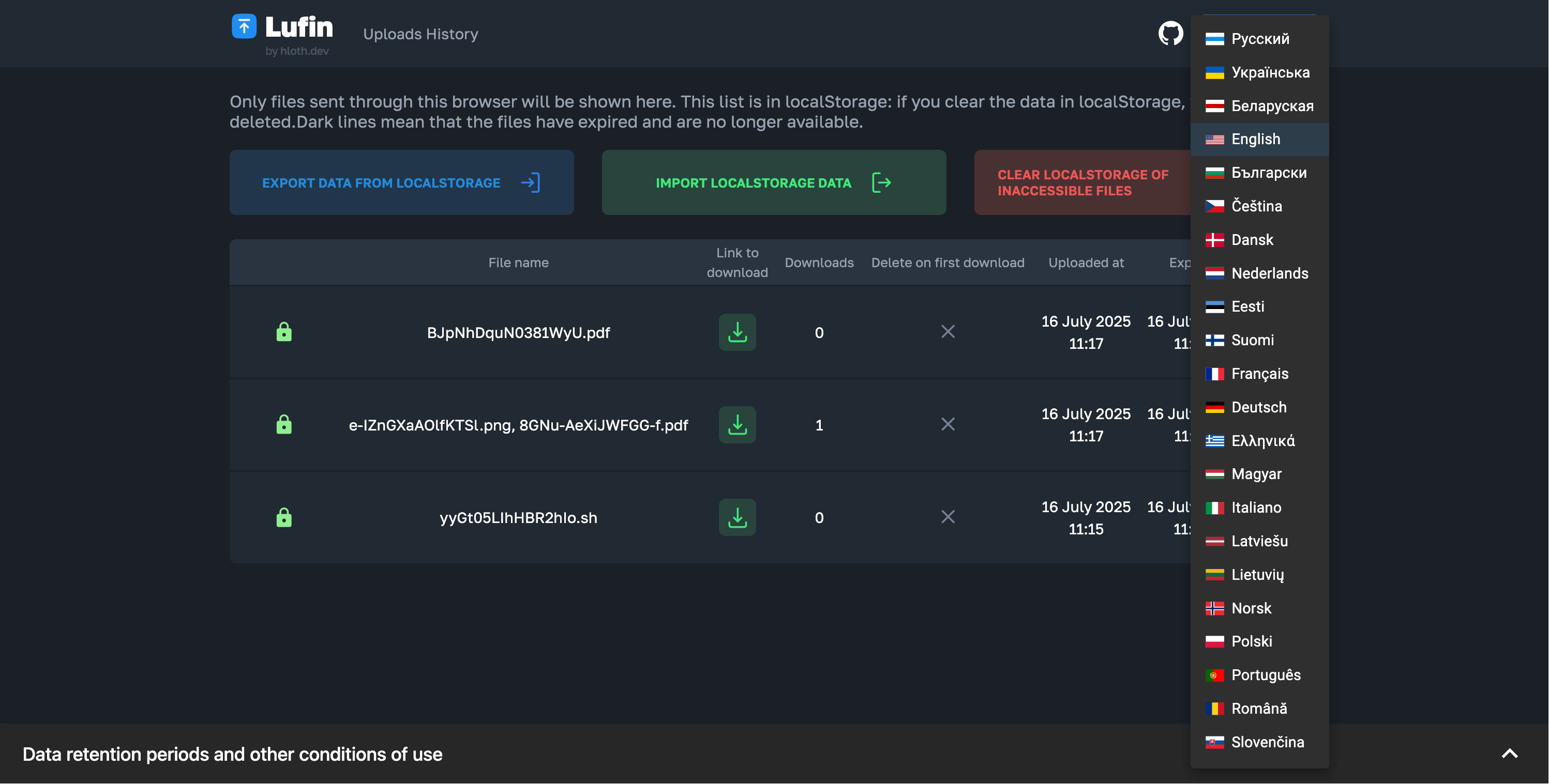 Lufin frontend screenshot with text: Uploads history / Only files sent through this browser will be shown here. The list is in localStorage: if you clear the data in localStorage, <...> deleted. Dark lines mean that the files have been been expired and are no longer available. Русский / Українська / Беларуская / English / Български / Čeština / Dansk / Nederlands / Eesti / Suomi / Français / Deutsch / Ελληνικά / Magyar / Italiano / Latviski / Lietuvių / Norsk / Polski / Português / Română / Slovenčina