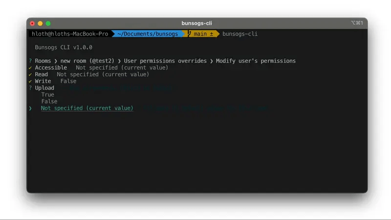 Bunsogs user permissions overrides: Accessible, Read, Write, Upload — values: True, False, Not specified