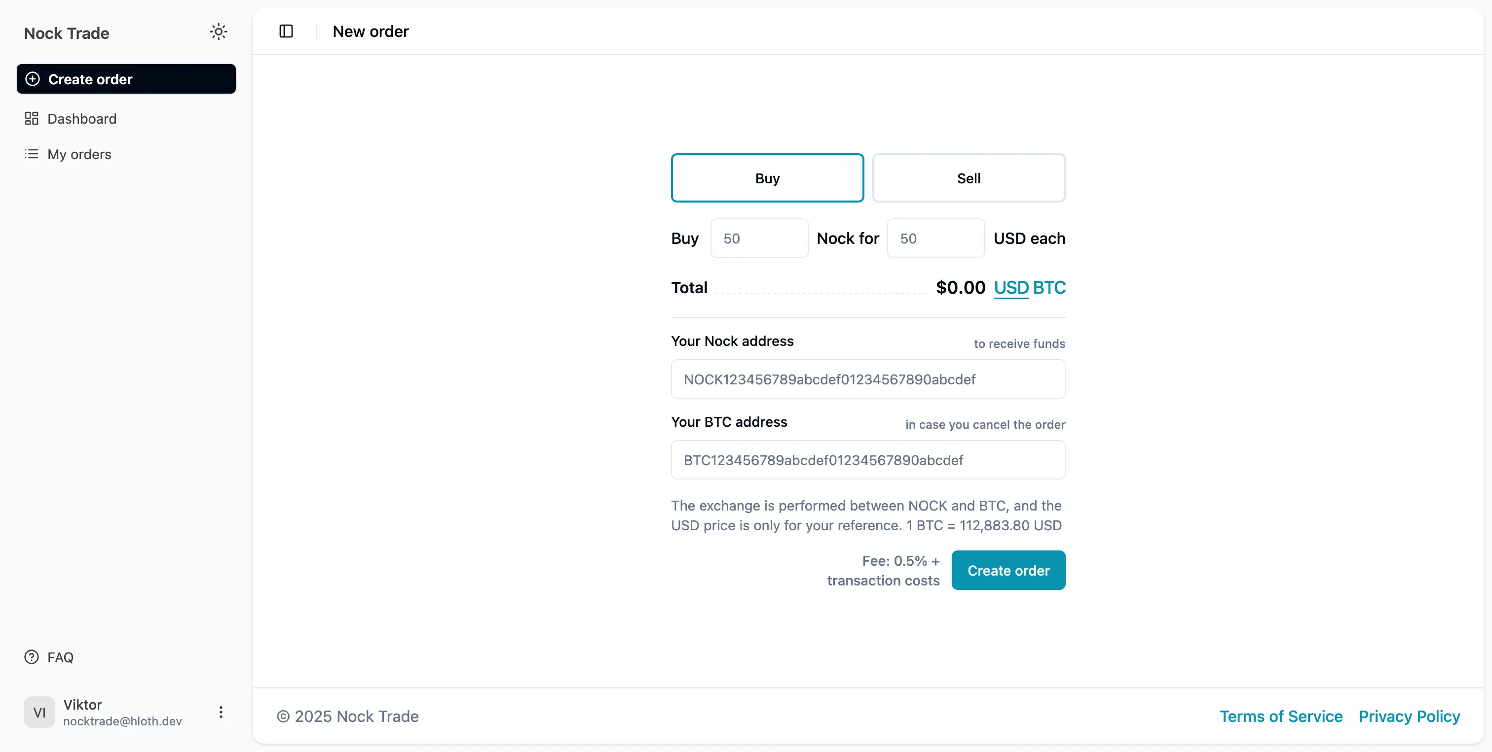 Nock.trade order creation page screenshot with text: New order; Buy / Sell; Buy [input field] NOCK for [input field] USD each; Total … $0.00 USD / BTC; Your nock address – to receive funds / [input field]; Your BTC address – in case you cancel the order / [input field]; The exchange is performed between NOCK and BTC, and the USD price is only for your reference. 1 BTC = 112,883.80 USD; Fee: 0.5% +transaction costs / [button] Create order