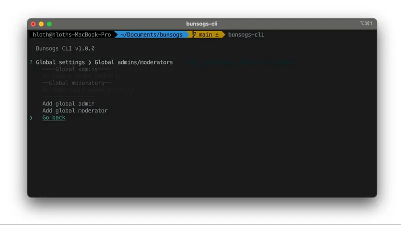 Bunsogs global admins/moderators settings: Add global admin, Add global moderator, Go back