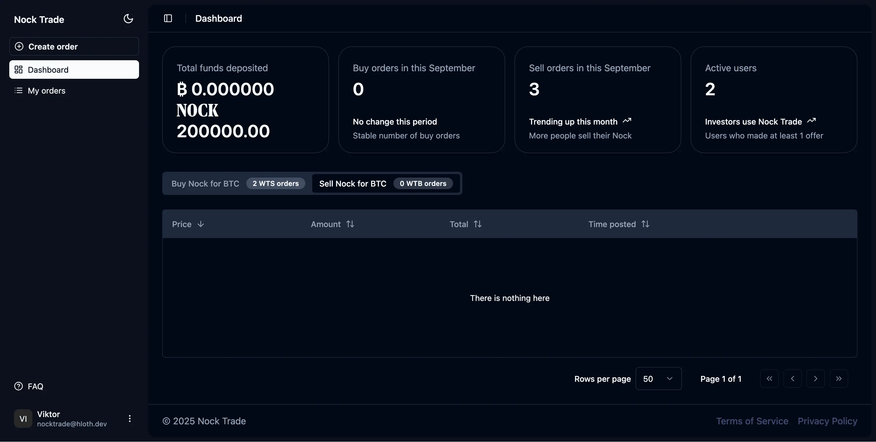 Nock.trade home page in dark theme