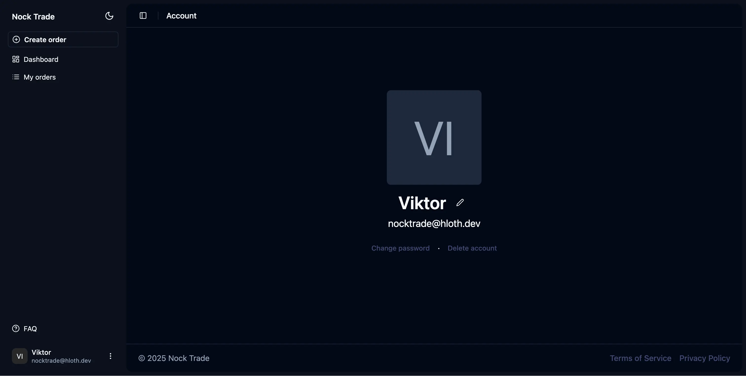 Nock.trade account page in dark theme with text: Viktor / [button with a pencil]; nocktrade@hloth.dev; Change password / Delete account