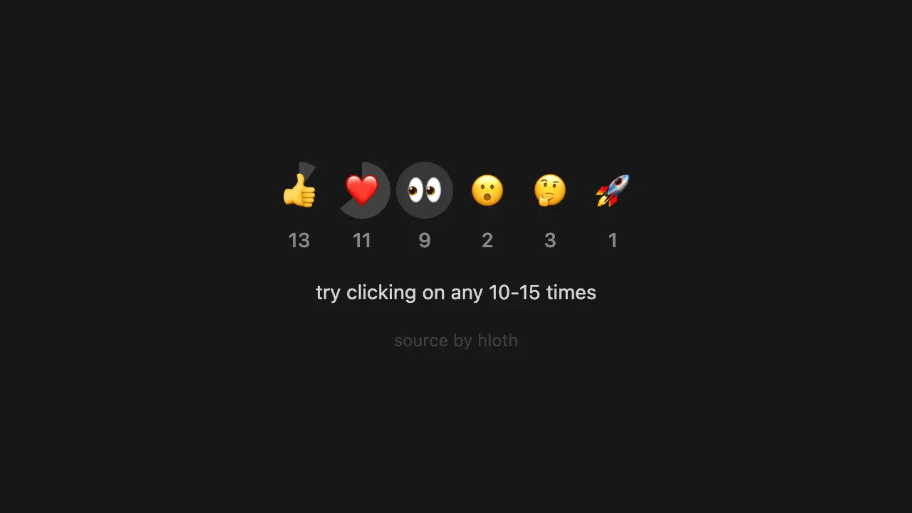 Pow-reaction demo website screenshot with several emoji buttons with a click number counter, some are highlighted with a circular pizza-style indicator representing progress for the reaction submission. The text says: try clicking on any 10-15 times; source by hloth