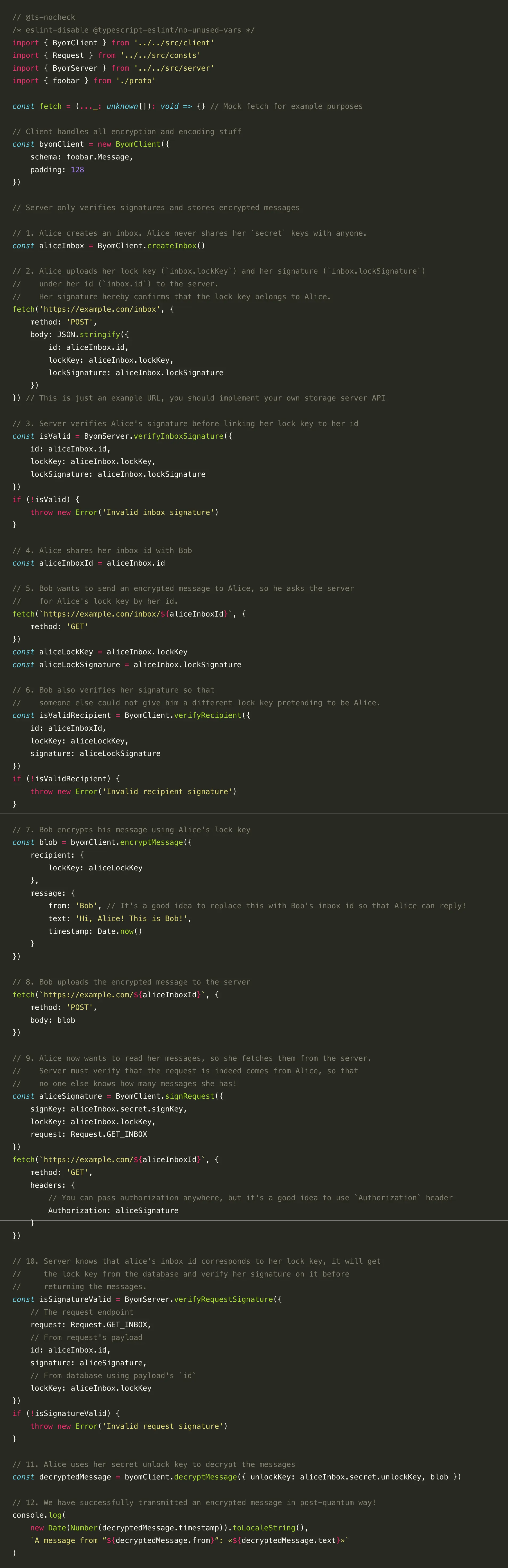 An example code demonstrating how byom library can be used for secure quantim-resistant communication