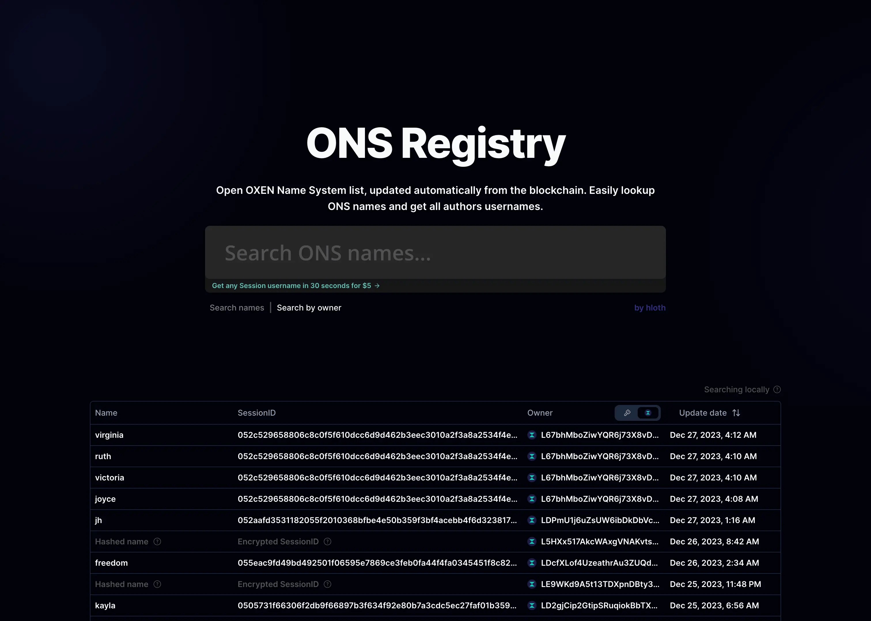 ONS Registry home page screenshot with text: Open OXEN Name System list, updated automatically from the blockchain. Easily lookup ONS names and get all authors usernames.