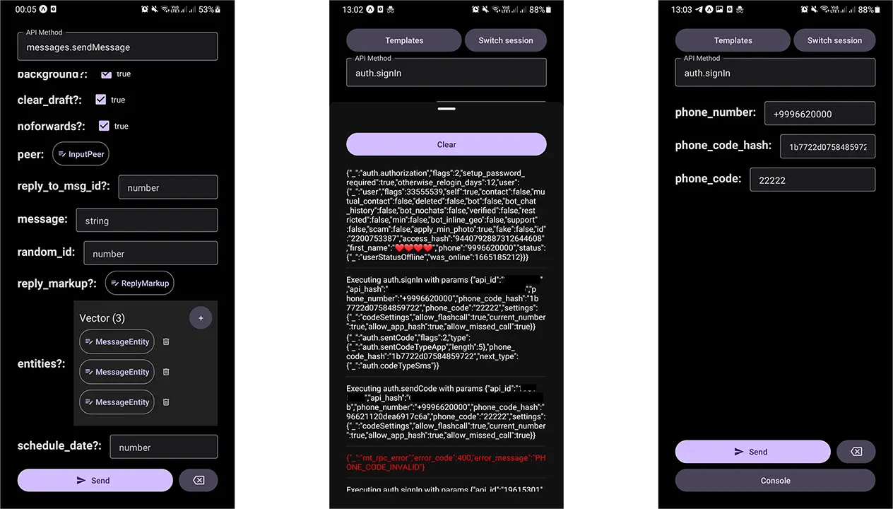Mtproto Mobile screenshots. 1) Method execution request form 2) Response browser 3) Another method: auth.signIn