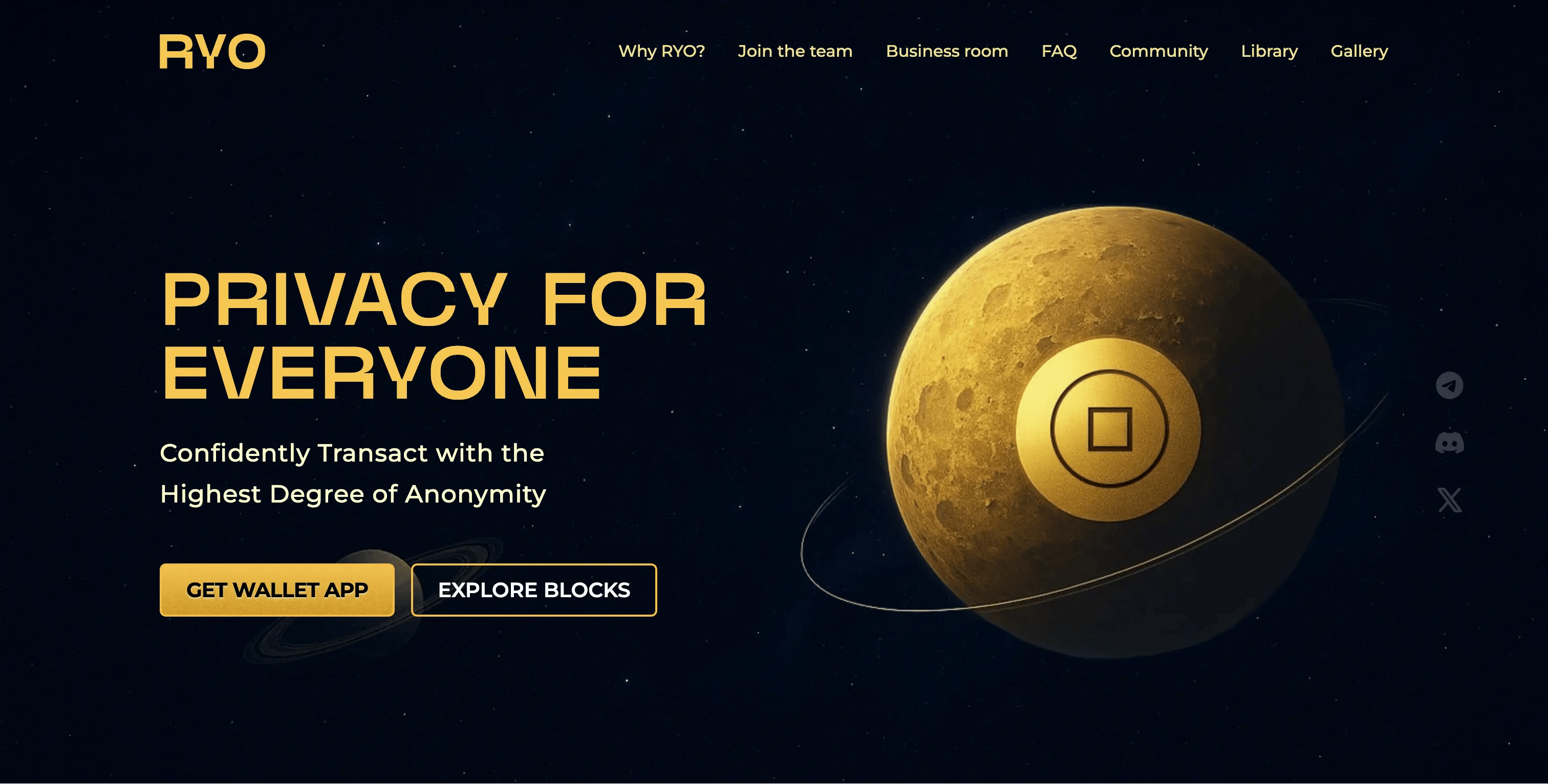RYO coin website v1 screenshot with text: PRIVACY FOR EVERYONE / Confidently Transact with the Highest Degree of Anonymity / [Button] Get Wallet App / [Button] Explore Blocks