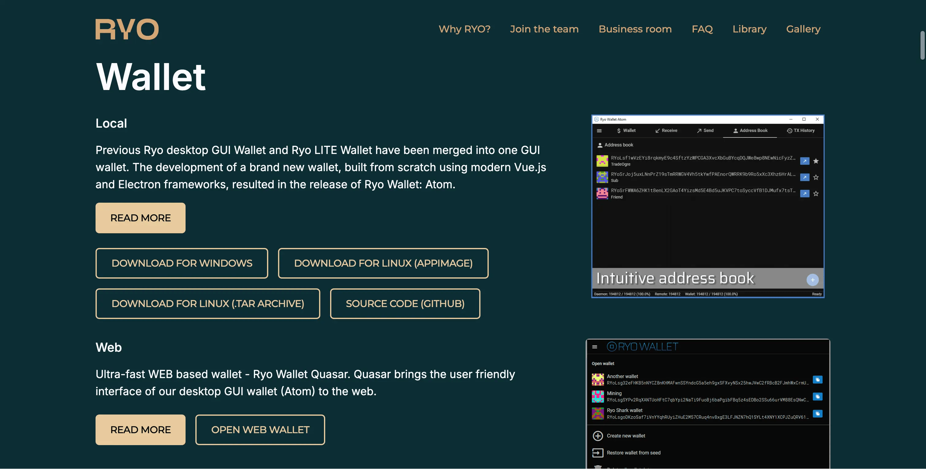 RYO coin website v2 screenshot with text: Wallet / Local: Previous Ryo desktop GUI Wallet and Ryo LITE Wallet have been merged into one GUI wallet. The development of a brand new wallet, built from scratch using modern Vue.js and Electron frameworks, resulted in the release of Ryo Wallet: Atom. [Button] READ MORE; [Button] DOWNLOAD FOR WINDOWS / [Button] DOWNLOAD FOR LINUX (APPIMAGE) / [Button] DOWNLOAD FOR LINUX (TAR ARCHIVE) / [Button] SOURCE CODE (GITHUB); Web: Ultra-fast WEB based wallet - Ryo Wallet Quasar. Quasar brings the user friendly interface of our desktop GUI wallet (Atom) to the web. [Button] READ MORE; [Button] OPEN WEB WALLET