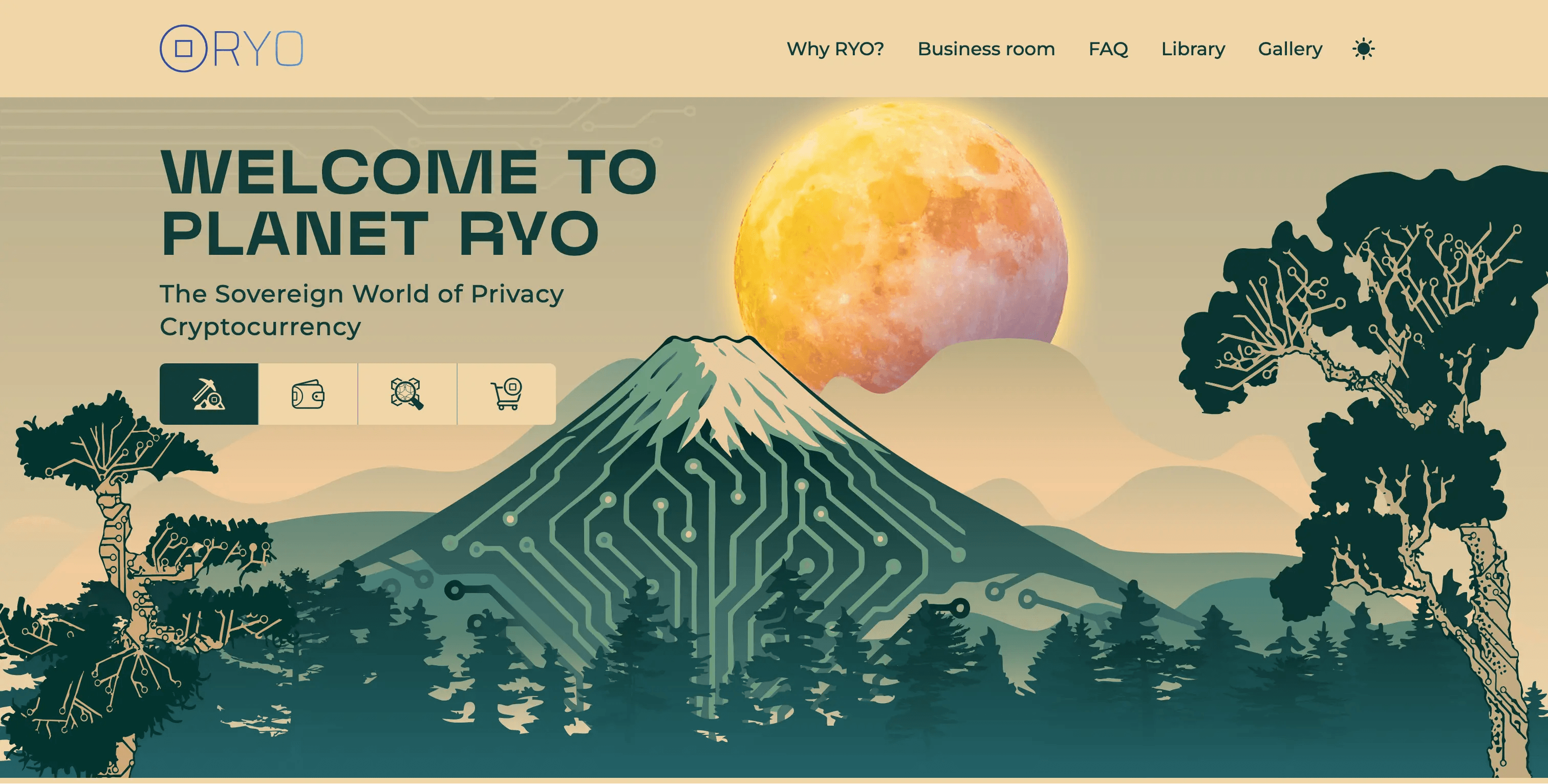 RYO coin website v4 screenshot with text: WELCOME TO PLANET RYO / The Sovereign World of Privacy Cryptocurrency; Why RYO?; Business room; FAQ; Library Gallery