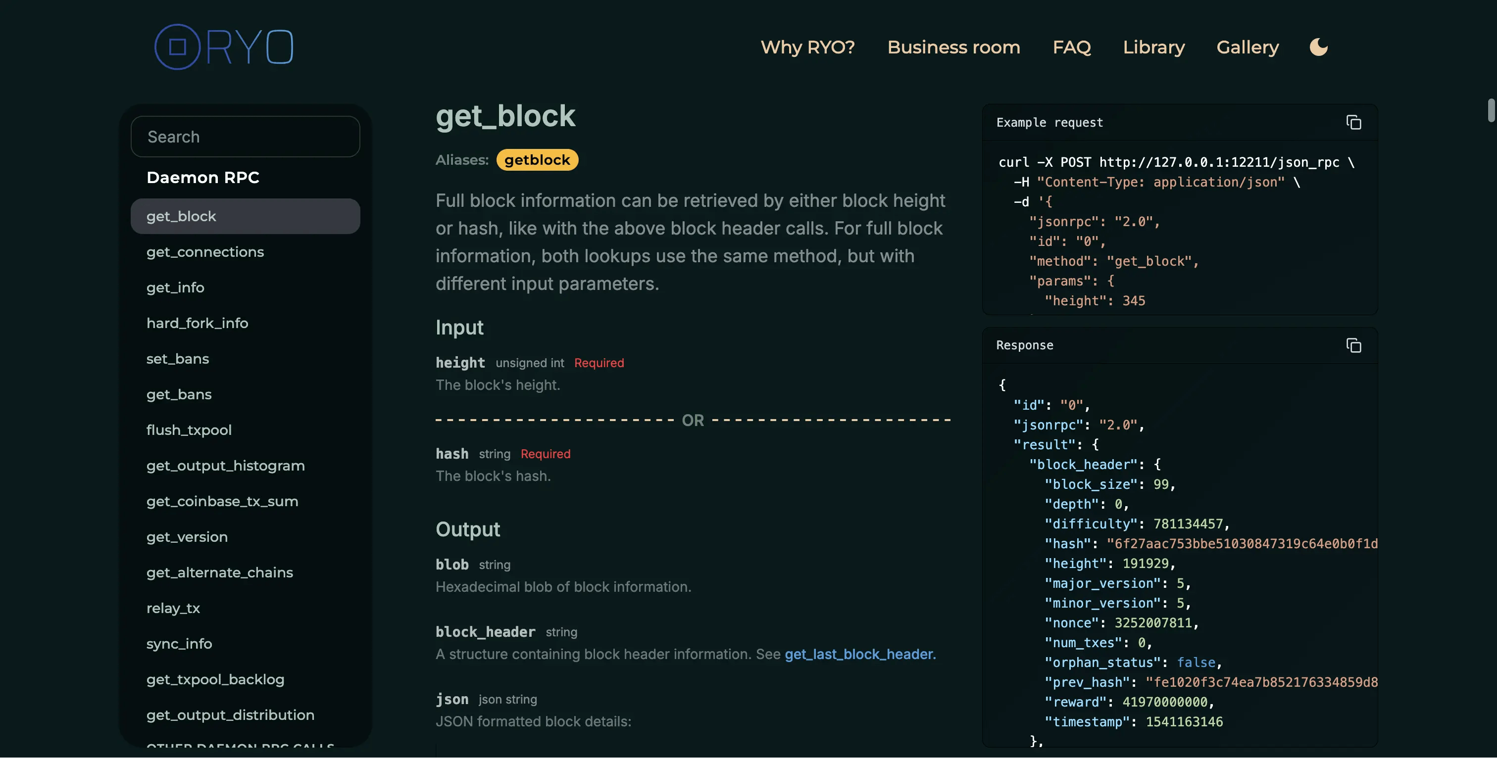 RYO coin website v4 API reference screenshot with text: get_block / Aliases: (getblock) / Full block information can be retrieved by either block height or hash, like with the above block header calls. For full block information, both lookups use the same method, but with different input parameters.
